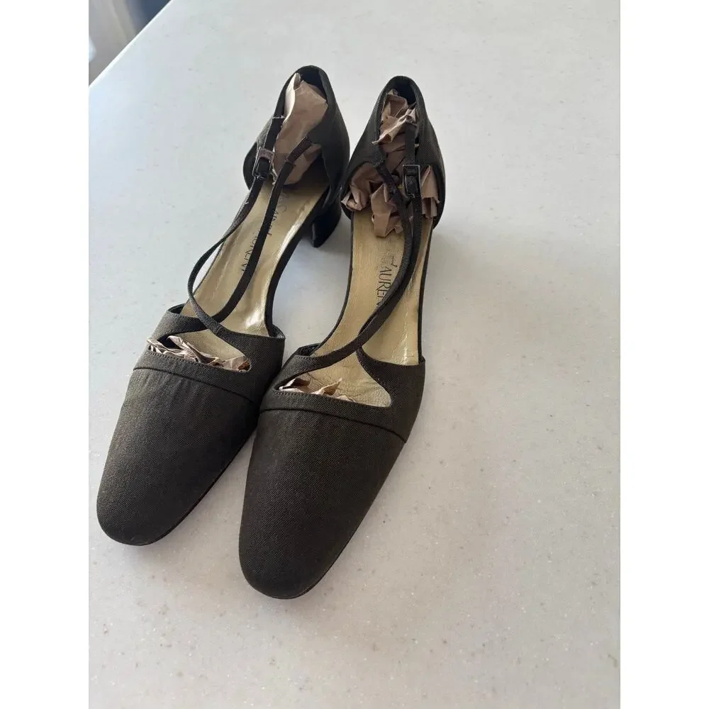 Vintage Yves Saint Laurent YSL Italy Canvas Peep Toe Slingback Heels Brown - Picture 2 of 9